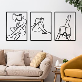 Zzbakress 3 Pcs Female Book Wall Art Black Metal Wall Decor Large Reading Room Decor Minimalist Line Wall Art Black Abstract Wall Art for Reading Room Living Room Bedroom (Elegant)
