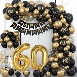 60th Birthday Party Decorations, 60th Birthday Party Balloons with 40in 60 Balloons Black and Gold Balloons Arch Happy Birthday Banner for Men Women 60th Birthday Party
