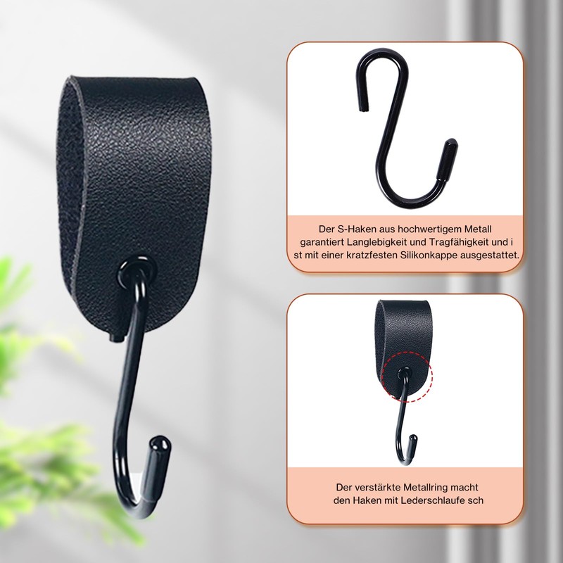 S Hooks with Leather Loop, 12 Pieces, Black Coat Hooks,