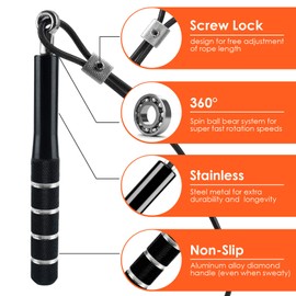 PACETAP Jump Rope, Adjustable Steel Wire Skipping Rope, Workout for Double Unders, Cross Fitness, Boxing, Exercise, Professional Speed Rope with Swivel Ball Bearing for Men & Women - Black