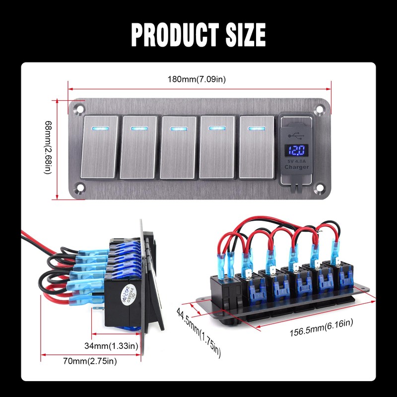 Toggle Switch Panel 5 Gang Waterproof Aluminum Switch 12V/26V Rocker