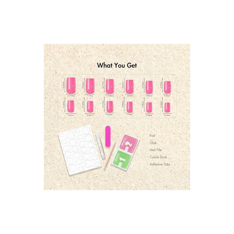 Uñas postizas de gel rosa intenso, largas y cuadradas, uñas