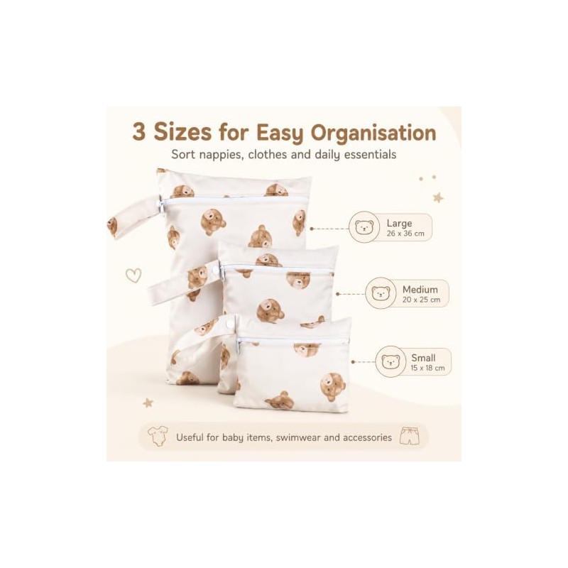 KIVORA 3 PCS Wet Bags for Babies - Bear Nappy