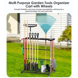 CCCEI Garage Organization with Wheels, Outdoor Gargen Yard Shed Tools Organizer Cart, Home Storage for Cleaning Supplies, Broom Holder, for Shovel and Rake, Long Farming and Farming Tools, Red.