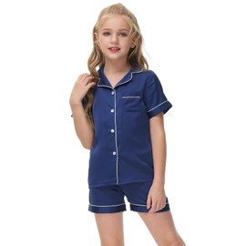 Veseacky Kids Summer Pajama Set Soft Satin Button Top and Pj Shorts 2-Pieces Sleepwears Set (Navy,8y 9y)