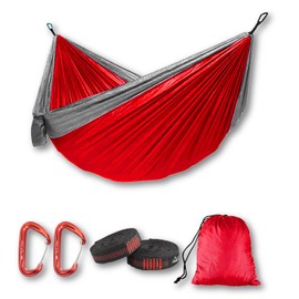 RLX Hammock (Red, Double) Camping Hammock, Lightweight Parachute Nylon, 550 lbs Capacity, with 2 Carabiners, two10 Foot (10+1) Heavy Duty Loop Straps and Built-in Storage Bag. Colors May Vary.