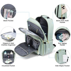 LOVEVOOK Diaper Bag Backpack, Quilted Baby Bag with Changing Pad & Pacifier Holder, Waterproof Travel Diaper Bags for Baby Boys Girls, Stylish and Large Capacity, Mint Green