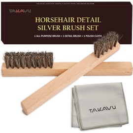 TAKAVU Horsehair Detail Brush Set, Silver Cleaning Brushes & Polish Cloth for Silverware Plateware Jewelry