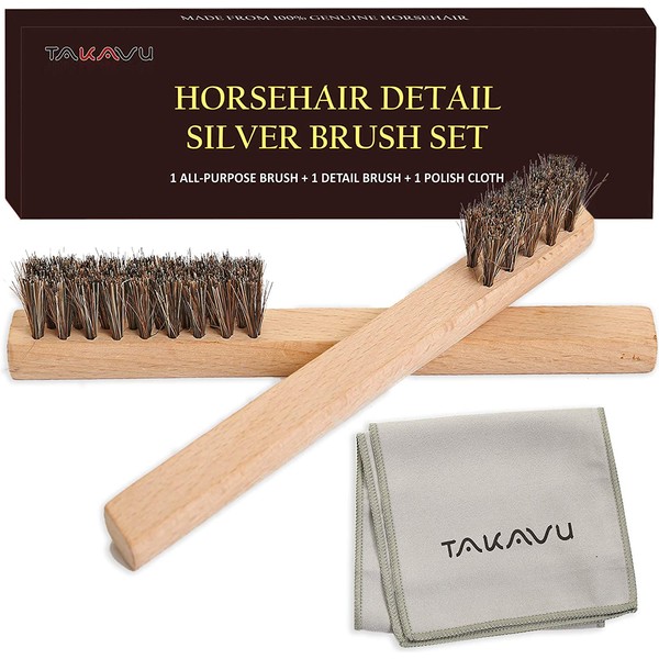 Horsehair Detail Brush Set, 2 Silver Cleaning Brushes and Polish Cloth for Detail Polish Work, Fine and Heirloom Silverware, Plateware, Jewelry