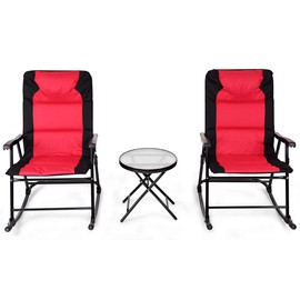 RELAX4LIFE Bistro Set 3-Piece W/ 2 Foldable Rocking Chairs and 1 Glass Table for Balcony, Yard Outdoor Patio Chairs and Table Set (Red)
