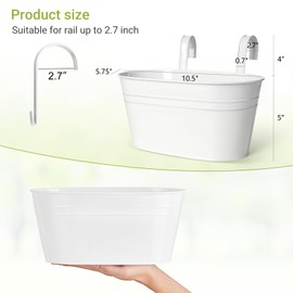 Dahey 3 Pcs 10.5 Inch Metal Iron Hanging Flower Pots for Railing Fence Hanging Bucket Pots Countryside Style Window Flower Plant Holder with Detachable Hooks Home Decor,White