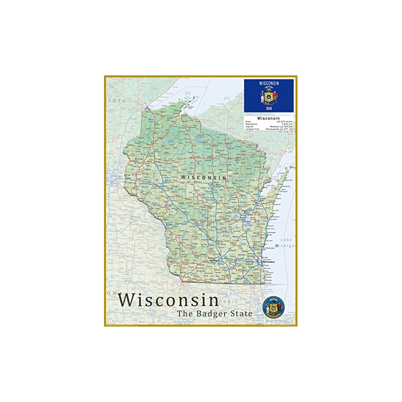Wisconsin State Physical Map - 16.4 x 21.4 Inches -
