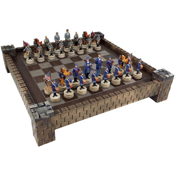 HPL American US Civil Generals War North vs South Chess Set W/ 17" Castle Board