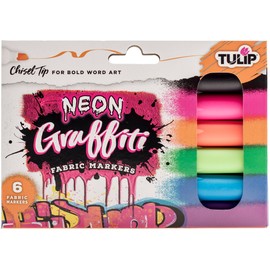 Tulip Graffiti Fabric Markers Chisel Tip 6pk, Neon, Premium Quality Ink, Permanent, Child Safe, for Fabric Painting, Drawing, Coloring, Writing on Clothes