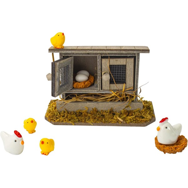 Super Idee Miniature Chicken Coop with Chickens Chicks and Eggs Nativity Accessories for Dollhouse Easter Spring Decoration Miniature Garden Fairy Garden Farm Christmas Gnome Door Accessories