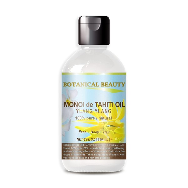 Botanical Beauty MONOI TIARE TAHITI OIL YLANG YLANG 100% Pure 8 Fl.oz - 240 ml. For Skin, Face, Hair and Nail Care.