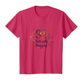 91 and Naturally Amazing Birthday Gift for Seniors T-Shirt, Youth, Red Heather