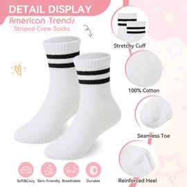 American Trends Kids Crew Socks: 4 Pairs Retro Striped Socks for School Uniform Athletic - Navy Blue/Red Stripes Socks 8-10 Years Old