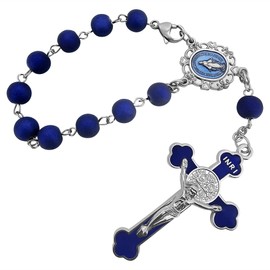 TALISMAN4U Saint Benedict One Decade Car Rosary for Rearview Mirror Virgin Mary Medal Deep Blue Rosary Beads Catholic Evil Protection Auto Rosary for Women Men