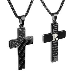 REGIS Cross Necklace for Men A-Z, Premium Flag Stainless Steel with 24-Inch Lord's Prayer Pendant(R, black)