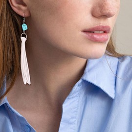 Leather Boho Tassels Earrrings Turquoise Earrings Retro Long Leather Earrings Turquoise Dangle Earrings Western Earrings Jewelry Gifts (white)