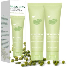 2PCS Mung Bean pH limpiador facial equilibrado, limpiador de poros profundos para limpieza doble, eliminación de máscara facial y eliminación de cabeza negra, adecuado para piel sensible