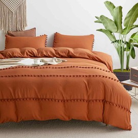 Freyamy Duvet Cover 140 x 200 cm + 1 Pillowcase 65 x 65 cm Fringe Bohemian Pompoms Caramel Bed Linen 100% Microfibre Washed Duvet Cover for Adults with Zip Bed Linen