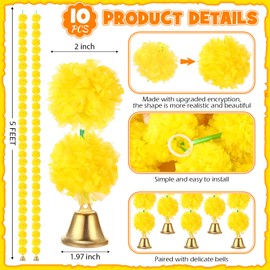 Riceshoot 10 Pcs Marigold Garland for Decoration Diwali Decor 5 Ft Long Artificial Marigold Flowers with Golden Bell Indian Garland for Pooja Wedding Events Day of The Dead Decor(Yellow)