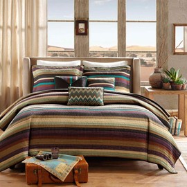 Madison Park Quilt Rustic Southwestern All Season, Breathable Coverlet Bedspread, Lightweight Bedding, Shams, Decorative Pillow, Twin/Twin XL (68 in x 90 in), Yosemite, Stripes Purple/Teal, 5 Piece