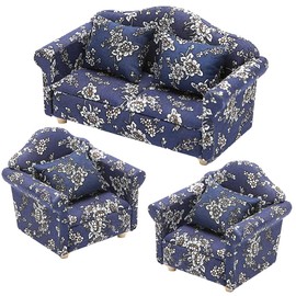 moin moin 2306mini16 Miniature 1/12 Scale Furniture Sofa Set of 3 B Goods Translation Ant/Dollhouse 2 Seater Single Cushion White Floral Flower Blue Blue Cloth Fabric Doll Doll Miscellaneous Goods