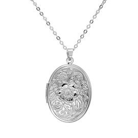 Engraved Flower Empaistic Geometric Photo Locket Necklace Gold Silver Plated Vintage Antiqued Carved Pattern Oval Round Hold Pictures Pendant Necklace for Men Women Souvenir Memorial Fashion Jewelry
