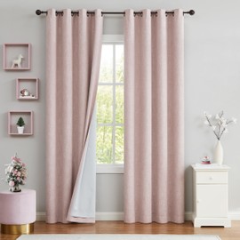 Pink Solid Full Blackout Curtain Panel Grommet Top Heavy Linen Texture Window Treatment for Bedroom Noise Reducing Energy Efficient Drapes with Liner, Rose Pink, 50" Wx108 L, 2 Panels