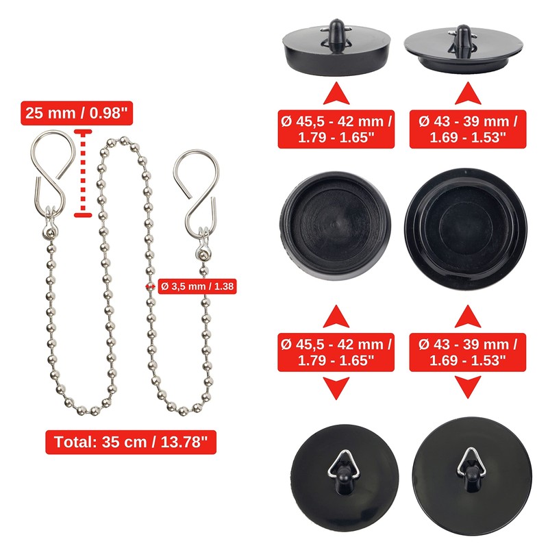 Universal Plug with Chain, Pack of 3, Black, Diameter 41