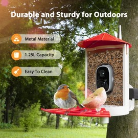 Birdkiss Smart Bird Feeder with Camera Solar, Auto Capture Bird Videos & Motion Detection, Bird Watching Camera Notify in Time, Metal Bird Feeder with Seed Guard, Ideal Present for Bird Lovers (Red)