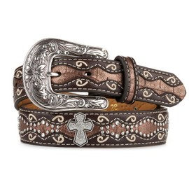 ARIAT Youth Girls Rhinestone Cross Conchos Faux Crocodile Belt, Brown, 28