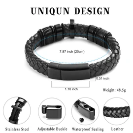 Minicremation Cremation Jewelry Urn Bracelet for Ashes for Men Keepsake Memorial Leather Bracelet Cuff Adjustable Bangle Braided Leather Wristband Bracelet (071-Black 20cm)