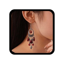 Cybche Vintage Red Gemstone Chandelier Earrings Ethnic Bead Drop Earrings Red Coral Dangle Earrings Silver Leaf Earrings Long Beaded Tassel Earrings Jewelry for Women
