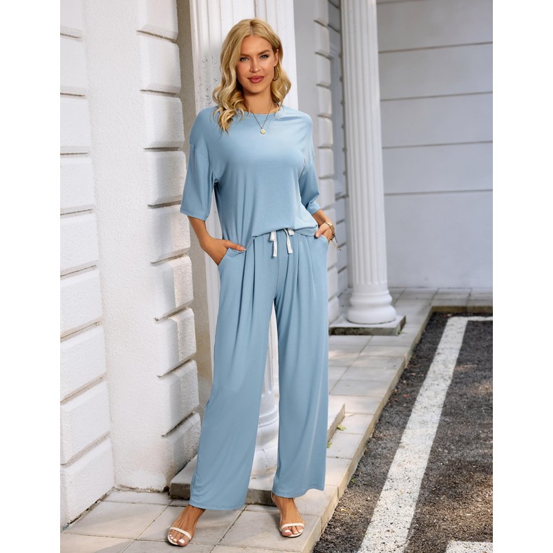 difficort Womens 2 Piece Outfits Short Sleeve Lounge Sets Wide
