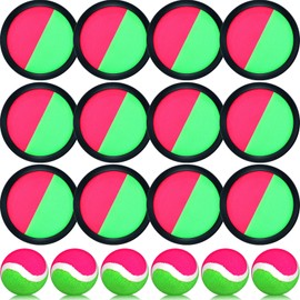 Charniol Kids Toys Toss and Catch Game Set 12 Paddles 6 Balls Beach Game Outdoor Ball Sports Games Toss and Catch Ball Set with Paddles Ball Nylon Catch Toys for Kids Adults Playground (Pink Green)