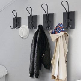 TEGUEPS Double Towel Hooks for Bathroom, 2 Pack Farmhouse Coat Hooks Wall Mounted, Heavy Duty Rustic Decorative Wood Wall Hooks Hanging Keys Robe Hat for Bedroom, Kitchen, Entryway (Black)