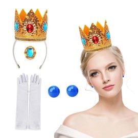 Axvxby Princess Peach Costume Accessories, 4-Piece Set for Women Girls Princess Costume Crown Earrings Gloves Brooch for Carnival Birthday Party Cosplay Dress Up