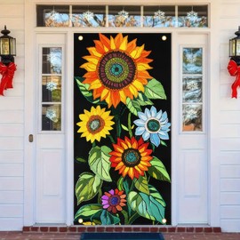 BlissYard Welcome Spring Door Cover 71 x 35 inches Sunflower Black Summer Door Cover Banner Seasonal Outdoor Decorations Backdrop Porch Front Door Cover Outdoor Home Banner Holiday