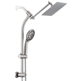 UCLIMAA Rainfall 8 Inch Shower Head with High Pressure Handheld Spray Combo, Drill-Free Slide Bar with Adjustable Shower Extension Arm, 3-Way Low Diverter for Easy Reach, 5Ft Hose- Brushed Nickel