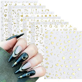 12 Sheets Gold Nail Art Stickers Decal 3D Self-Adhesive Metallic Geometry Star Moon Planet Heart Nail Art Design Stickers for Acrylic Nails Supplies DIY Manicure Decoration Accessories for Women Girls