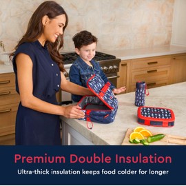 Bentgo - Bolsa de almuerzo para niños, doble aislamiento, duradera, tela resistente al agua, con bolsillos interiores y exteriores con cremallera y soporte externo para botellas, ideal para niños de todas las edades (camiones)