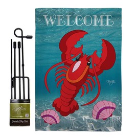 Breeze Decor GS107026-BO Lobster Coastal Sea Animals Decorative Vertical Banner Pole, Garden Flag Set 13"x 18.5" w/Flagpole, Multi-Color