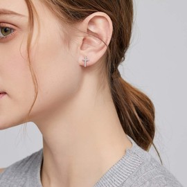 18K White Gold Plated Cross Earrings for Women S925 Sterling Silver Cross Huggie Hoop Earrings Hangling Cross Earrings for Men and Women, Sterling Silver, silver