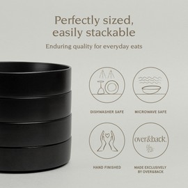 over&back Stackable Dinner Bowl Set - Stoneware Dishes - Comes with 4 Dinner Bowls - All-Occasion Place Settings Perfect for Pasta, Salads, Snacks - 8.3" x 8.3" x 1.9" - 40oz - Semi-Matte Black