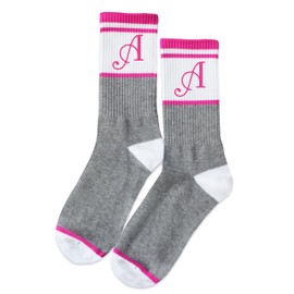 FujLoy Hot Pink and Gray Striped Crew Socks with The Letter A, Monogram Socks For Men Women Teens.Gift For Family & Friends Birthday, Graduation & Back To School.(001)