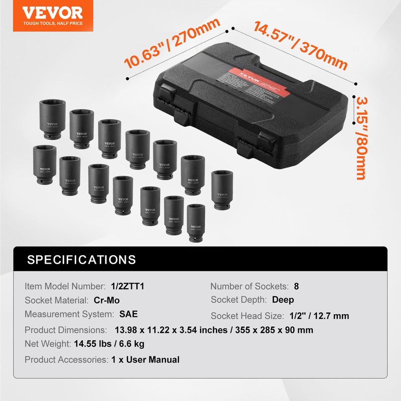 VEVOR Axle Nut Impact Socket Set - 1/2" Drive Deep